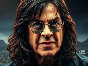 XRP News: A digital representation of Ozzy Osbourne's iconic image intertwined with blockchain elements, symbolizing the OZZY token's surge and the intersection of music, crypto, and digital history.