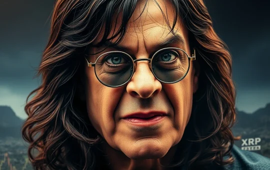 XRP News: A digital representation of Ozzy Osbourne's iconic image intertwined with blockchain elements, symbolizing the OZZY token's surge and the intersection of music, crypto, and digital history.