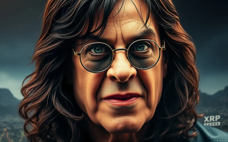 XRP News: A digital representation of Ozzy Osbourne's iconic image intertwined with blockchain elements, symbolizing the OZZY token's surge and the intersection of music, crypto, and digital history.