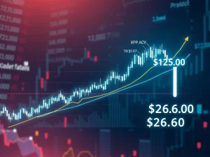 XRP price chart with Fibonacci levels targeting $26.60 amid volatility warnings