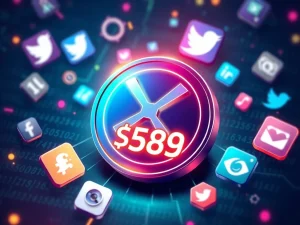 XRP coin with $589 price tag and social media icons representing speculation