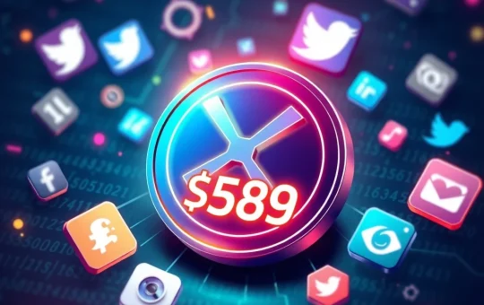 XRP coin with $589 price tag and social media icons representing speculation