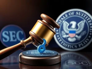 Illustrates the Ripple SEC lawsuit, featuring XRP News, legal symbols, and a subtle nod to political influence on crypto regulation.