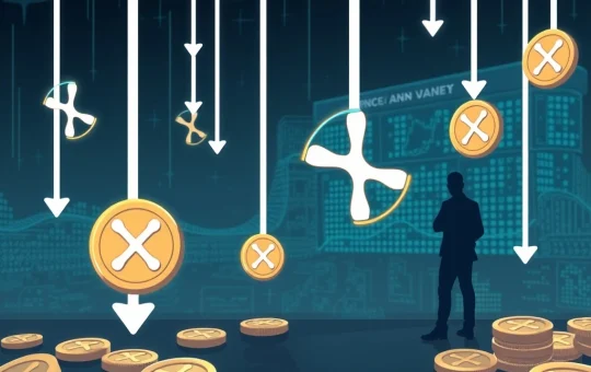 XRP News: Digital coins falling, symbolizing a price drop after a significant transfer by Ripple's co-founder, highlighting market volatility.