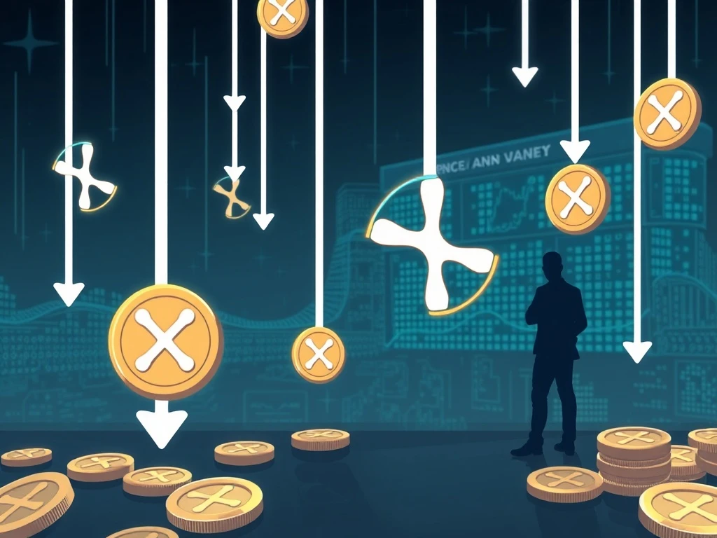 XRP News: Digital coins falling, symbolizing a price drop after a significant transfer by Ripple's co-founder, highlighting market volatility.