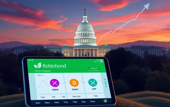 A digital trading platform screen showcasing XRP and HBAR symbols, highlighting Robinhood's strategic Crypto Listings Expansion.