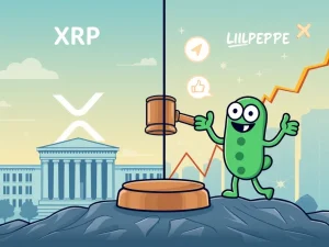 A visual representation of XRP's regulatory clarity driving growth versus LILPEPE's social media-fueled price target, illustrating current crypto market dynamics.