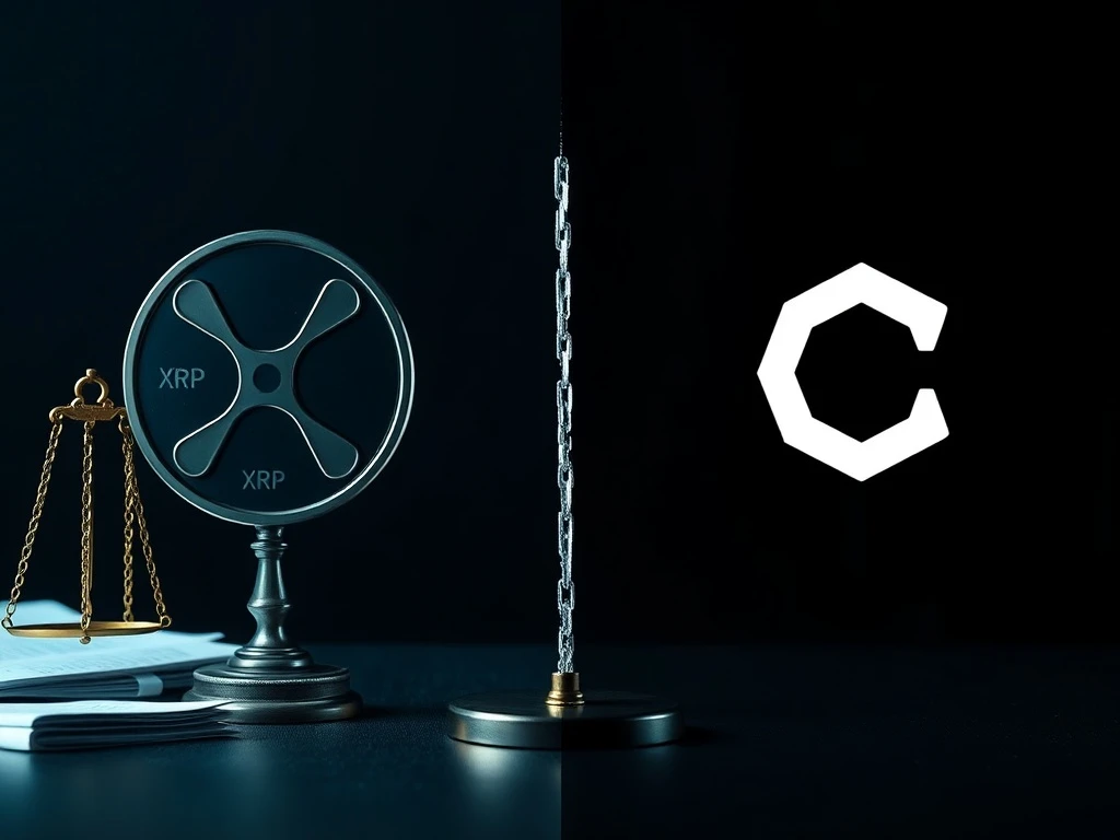 An illustration highlighting the distinct legal and market dynamics of XRP and Chainlink, emphasizing expert analysis on XRP News Today.
