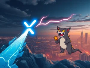 Dynamic visual showing XRP's market surge amidst competition from Solana and Catzilla, highlighting current XRP News Today.