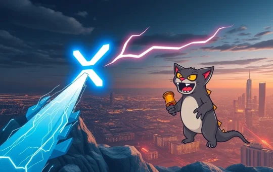 Dynamic visual showing XRP's market surge amidst competition from Solana and Catzilla, highlighting current XRP News Today.