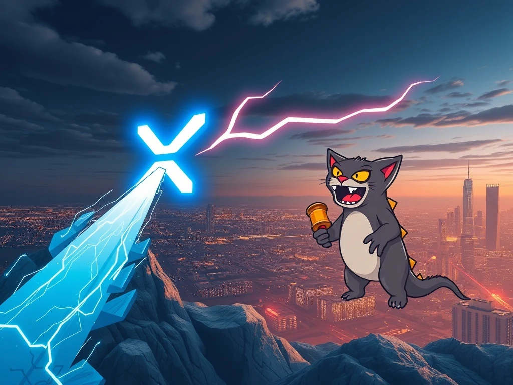 Dynamic visual showing XRP's market surge amidst competition from Solana and Catzilla, highlighting current XRP News Today.