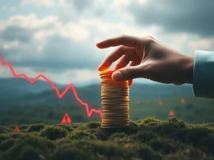 A digital representation of XRP tokens amidst falling prices, with a silhouette of Ripple co-founder Chris Larsen overseeing a large transaction, symbolizing the urgent XRP news today and rising crypto scams.