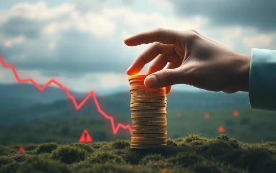 A digital representation of XRP tokens amidst falling prices, with a silhouette of Ripple co-founder Chris Larsen overseeing a large transaction, symbolizing the urgent XRP news today and rising crypto scams.