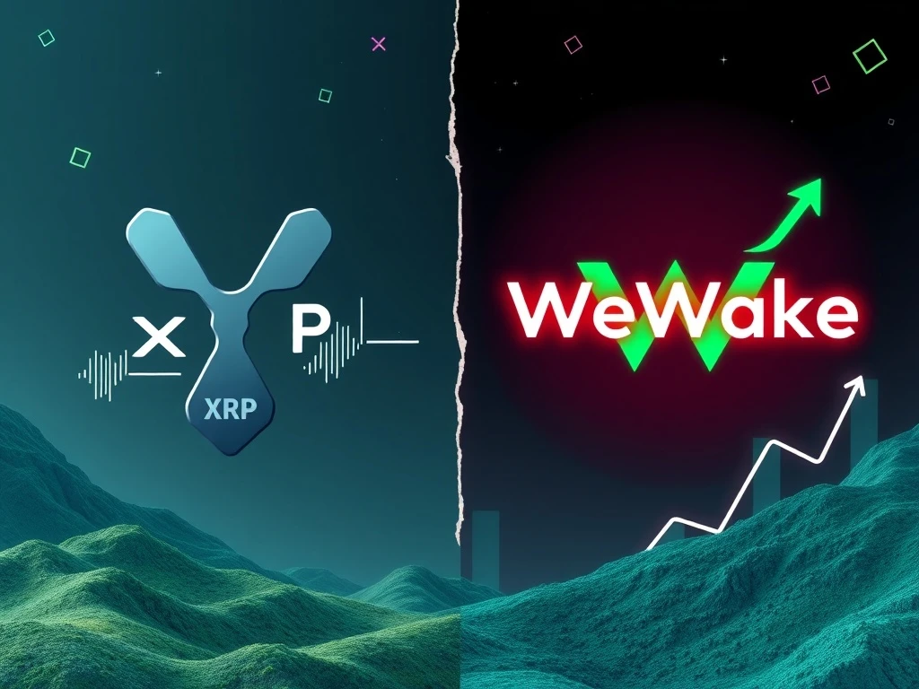 XRP News: A visual representation of XRP's 14% price drop contrasting with the successful 15x surge of the WeWake presale, highlighting crypto market volatility.