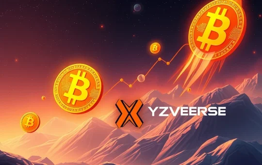 A visual representation of XRP News, showing Bitcoin's price surge influencing other altcoins like Dogecoin and Shiba Inu, with XYZVerse emerging as a potential game-changer in the crypto market.