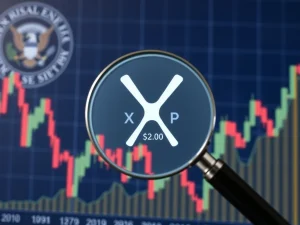 XRP Price chart showing a downtrend with a support level highlighted, symbolizing the bearish divergence and market uncertainty.