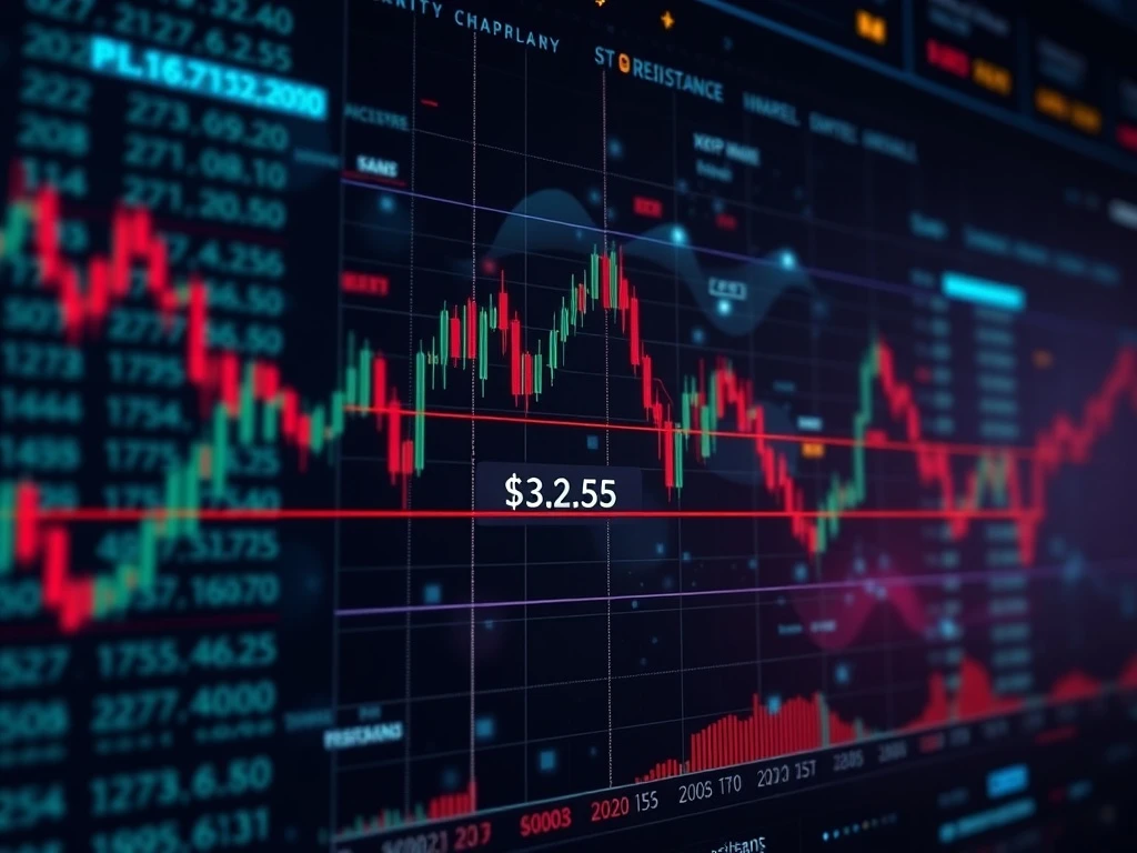 A digital chart showing XRP price movement with resistance and support lines, highlighting a potential XRP breakout or a test of key XRP support levels.