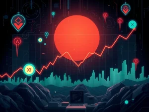 A cryptocurrency chart showing a significant XRP price drop, symbolizing market volatility and the impact of large liquidations.