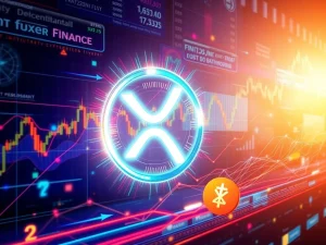 Dynamic charts and digital currency symbols depicting the explosive XRP Price surge driven by a new Crypto ETF, highlighting market growth.