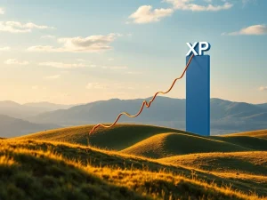 A dynamic chart showing XRP's price exploding upwards after completing a bullish cup-and-handle pattern, with market capitalization bars towering over traditional company logos, illustrating the XRP market cap surge.