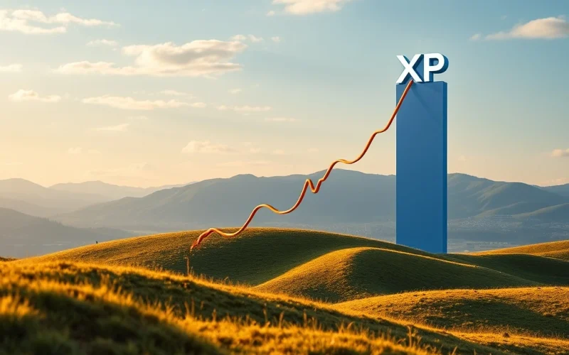 A dynamic chart showing XRP's price exploding upwards after completing a bullish cup-and-handle pattern, with market capitalization bars towering over traditional company logos, illustrating the XRP market cap surge.