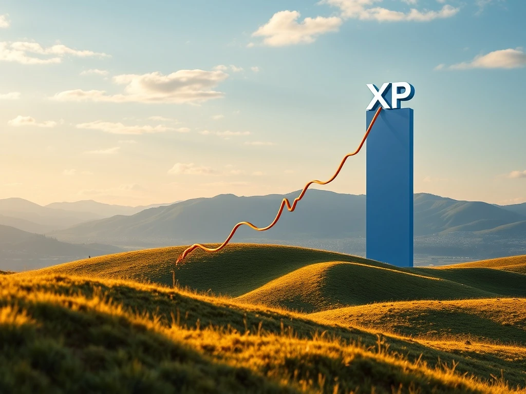 A dynamic chart showing XRP's price exploding upwards after completing a bullish cup-and-handle pattern, with market capitalization bars towering over traditional company logos, illustrating the XRP market cap surge.
