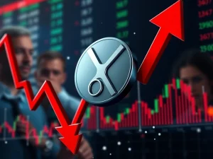 Chart showing a sharp XRP price drop with downward arrows, representing the recent 10.66% plunge amid a broader crypto market selloff.