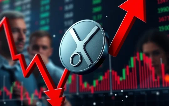 Chart showing a sharp XRP price drop with downward arrows, representing the recent 10.66% plunge amid a broader crypto market selloff.