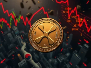 A dramatic visual representing the XRP price plunge, showing a digital XRP coin falling amidst market downturn indicators.