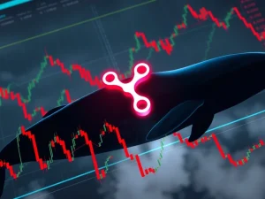 XRP price chart showing a dramatic drop, with a whale icon indicating large outflows, symbolizing the recent cryptocurrency correction.
