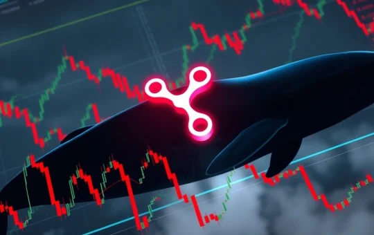 XRP price chart showing a dramatic drop, with a whale icon indicating large outflows, symbolizing the recent cryptocurrency correction.