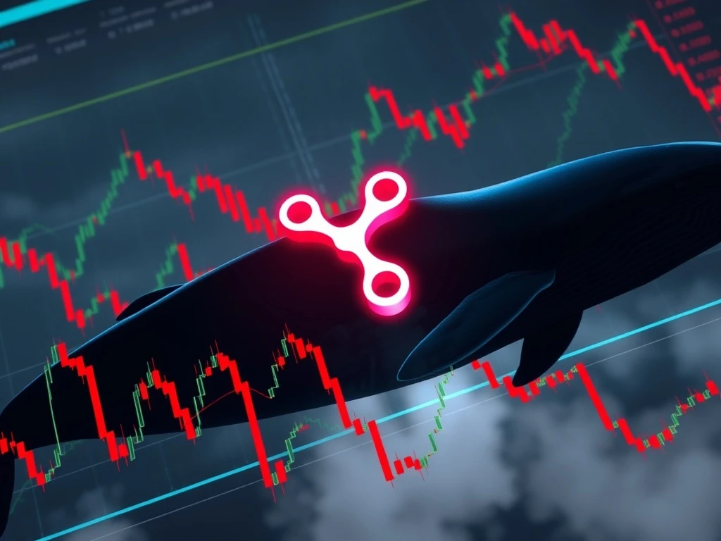 XRP price chart showing a dramatic drop, with a whale icon indicating large outflows, symbolizing the recent cryptocurrency correction.