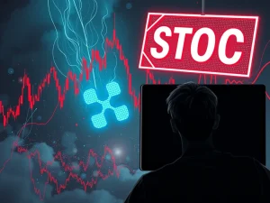 XRP price chart showing a steep decline, symbolizing the market crash after the SEC halted ETF approval, highlighting crypto market volatility.