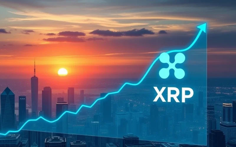 A digital XRP logo ascending amidst bullish crypto charts, symbolizing the potential $30 XRP price prediction driven by institutional adoption and a Bitcoin rally.
