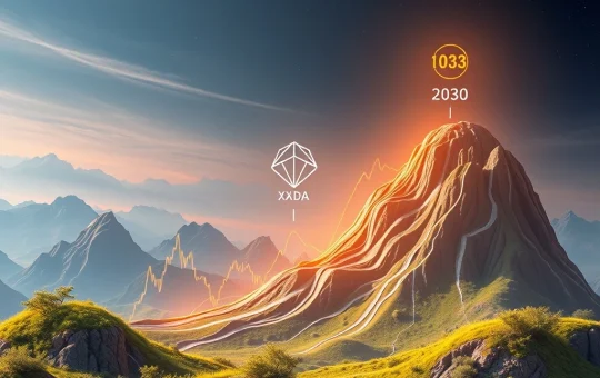 A futuristic chart showing explosive XRP price prediction growth towards $48, alongside strong surges for Cardano ADA and Solana SOL by 2030.