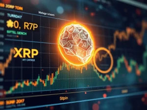 A futuristic display showing Google AI's XRP price prediction and other altcoin forecasts on a digital screen, symbolizing market analysis.