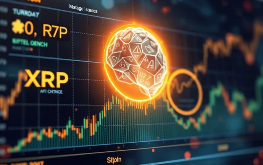 A futuristic display showing Google AI's XRP price prediction and other altcoin forecasts on a digital screen, symbolizing market analysis.