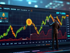 A confident crypto strategist pointing at a digital screen displaying an explosive Bitcoin surge chart and future XRP price prediction, symbolizing market analysis and digital asset growth.
