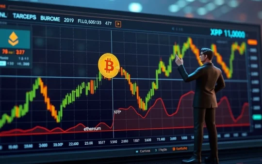 A confident crypto strategist pointing at a digital screen displaying an explosive Bitcoin surge chart and future XRP price prediction, symbolizing market analysis and digital asset growth.
