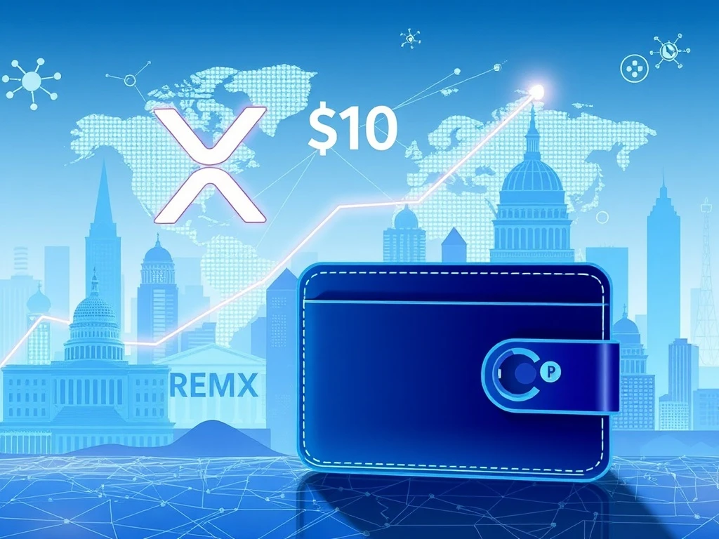 Visualizing XRP price prediction soaring to $10, driven by institutional adoption and global payment innovations.
