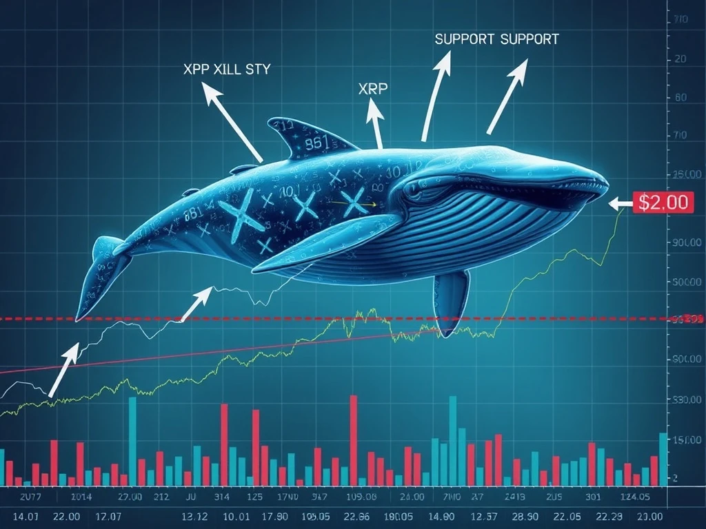 A large digital whale navigating an XRP price chart, representing significant accumulation and the critical $3.00 XRP price prediction battle.