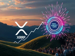 Visualizing XRP price potential with a rising chart, contrasting with a viral presale token's digital buzz, representing the current crypto market dynamics.