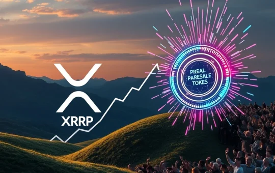 Visualizing XRP price potential with a rising chart, contrasting with a viral presale token's digital buzz, representing the current crypto market dynamics.