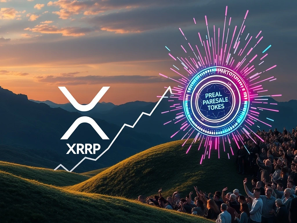 Visualizing XRP price potential with a rising chart, contrasting with a viral presale token's digital buzz, representing the current crypto market dynamics.