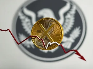 Depiction of XRP price falling, illustrating market volatility due to SEC delays and declining XRP trading volume.