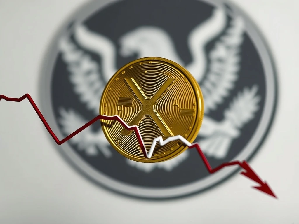 Depiction of XRP price falling, illustrating market volatility due to SEC delays and declining XRP trading volume.