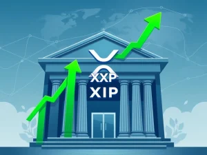 A graphic depicting the XRP logo connected to a bank building, illustrating the strategic accumulation of XRP during a price dip, highlighting Ripple's banking license ambitions.