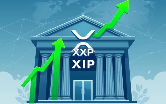 A graphic depicting the XRP logo connected to a bank building, illustrating the strategic accumulation of XRP during a price dip, highlighting Ripple's banking license ambitions.
