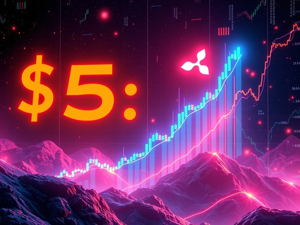 A visual representation of XRP's potential $5 surge, highlighting key technical analysis indicators and a bullish market trend.