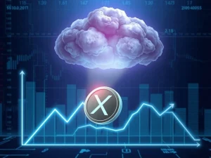 XRP coin sliding down a graph with regulatory risks clouding its outlook